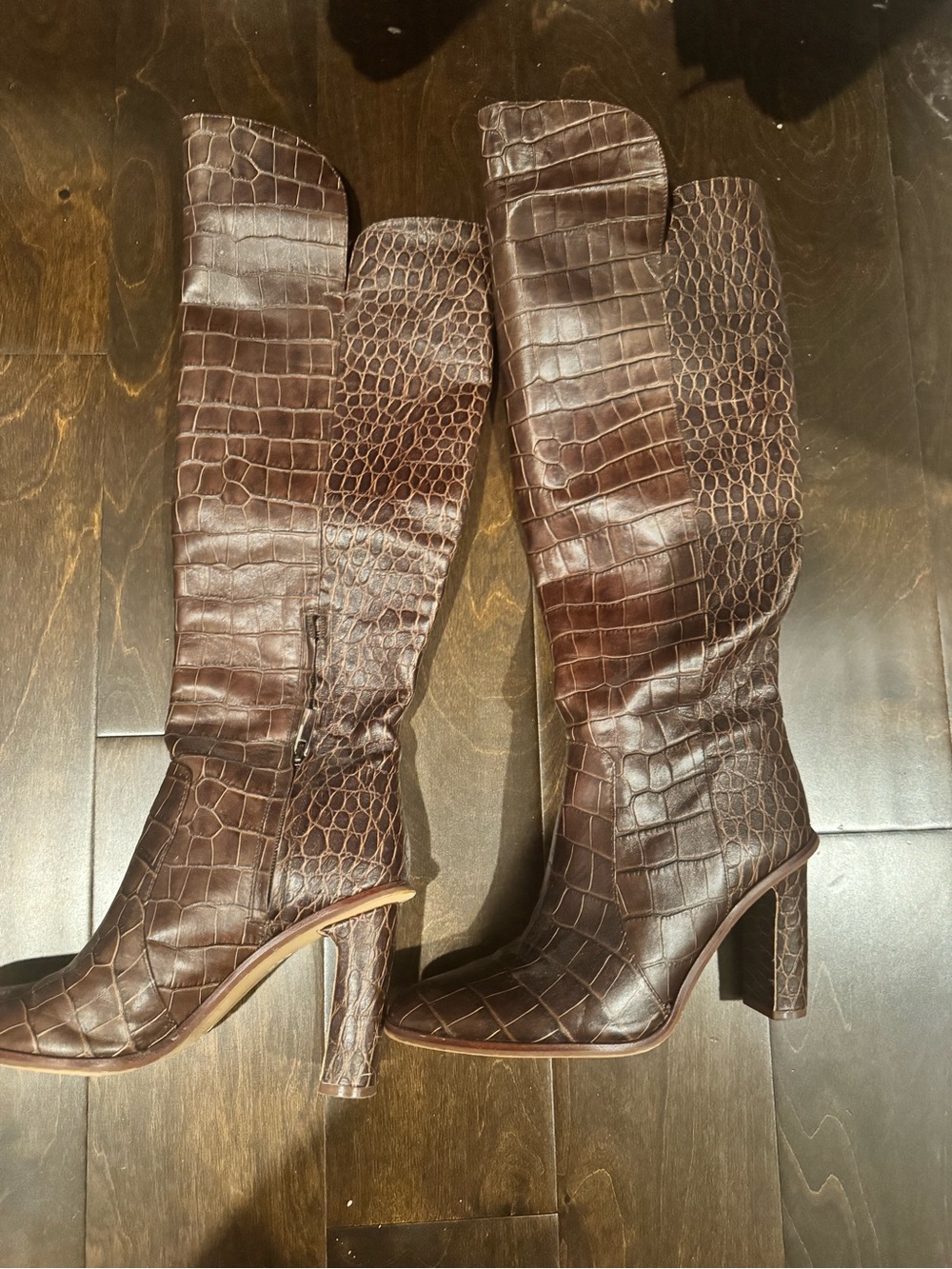 Vince Camuto Dark Brown Croc-Embossed Over-the-Knee Block Heel Boots - Picture 3 of 8
